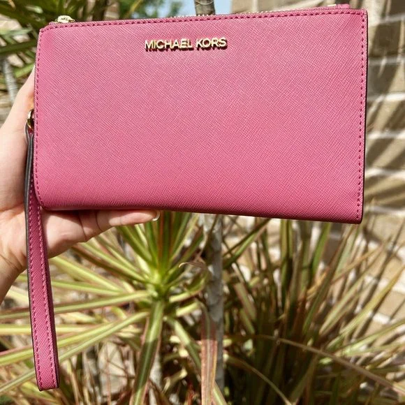 Michael Kors Jet Set Travel Double Zip Wristlet Rosewood Pink Saffiano Leather - Picture 1 of 5